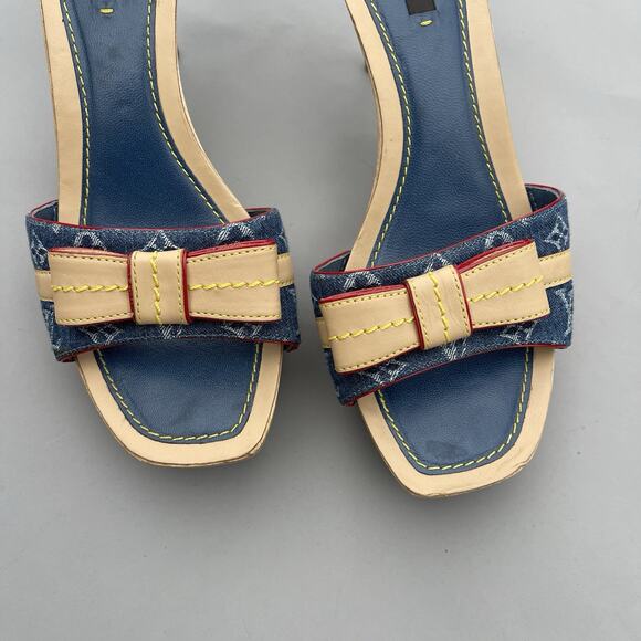 LOUIS VUITTOM Blue Monogram Denim Bow Platform Slide Mules, Size 37.5 US 7 - Picture 3 of 13
